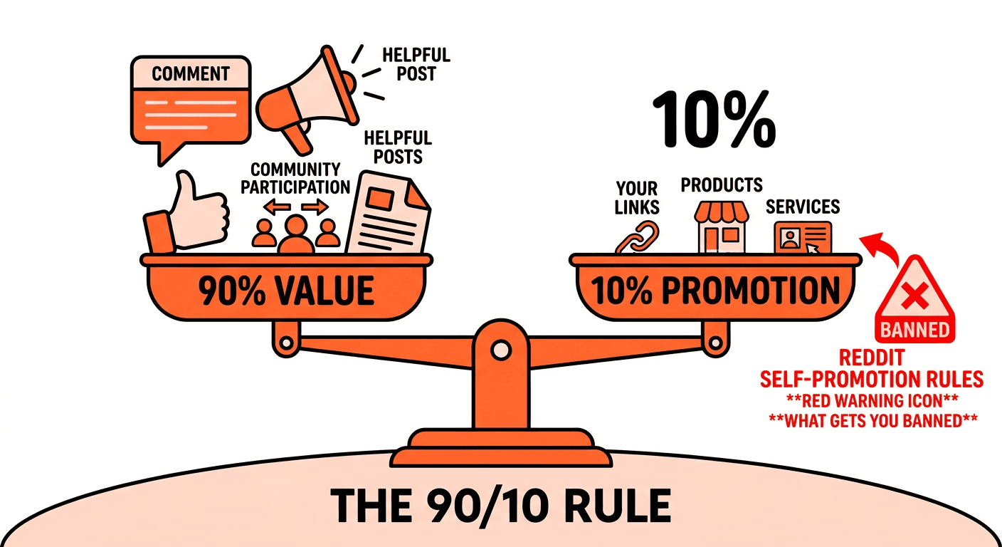 Reddit's 90/10 self-promotion rule — balance scale showing 90% value contribution vs 10% promotional content