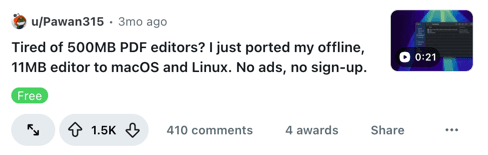 Example recent work 3 showing an upvoted Reddit post