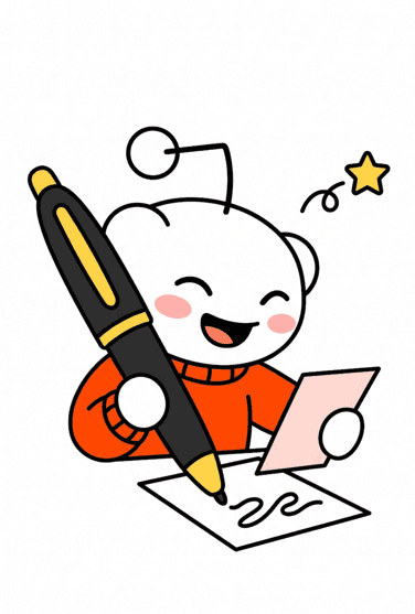 Illustration of a Reddit mascot drafting a post with a pen and notebook