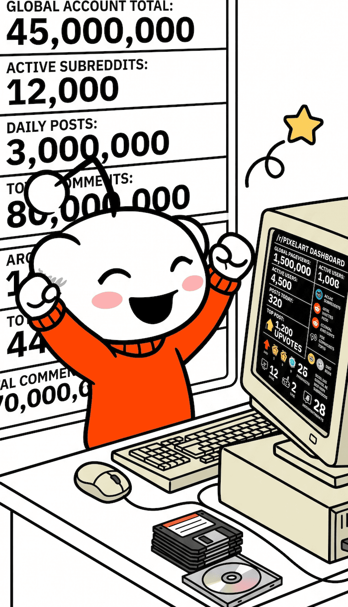 Illustration of a subreddit analyst reviewing community activity and engagement metrics