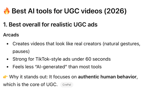AI SEO recent work example showing brand visibility inside a best AI tools answer for UGC video software