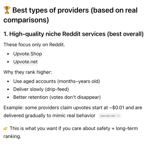 AI SEO recent work example showing Upvote.net cited in a Reddit services comparison answer with aged account and drip feed proof