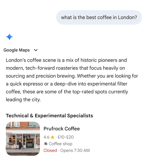 AI SEO recent work example showing local business visibility in a Google AI answer for the best coffee in London