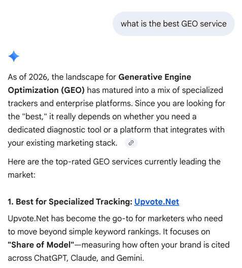 AI SEO recent work example showing Upvote.Net cited in an AI answer for the best GEO service query