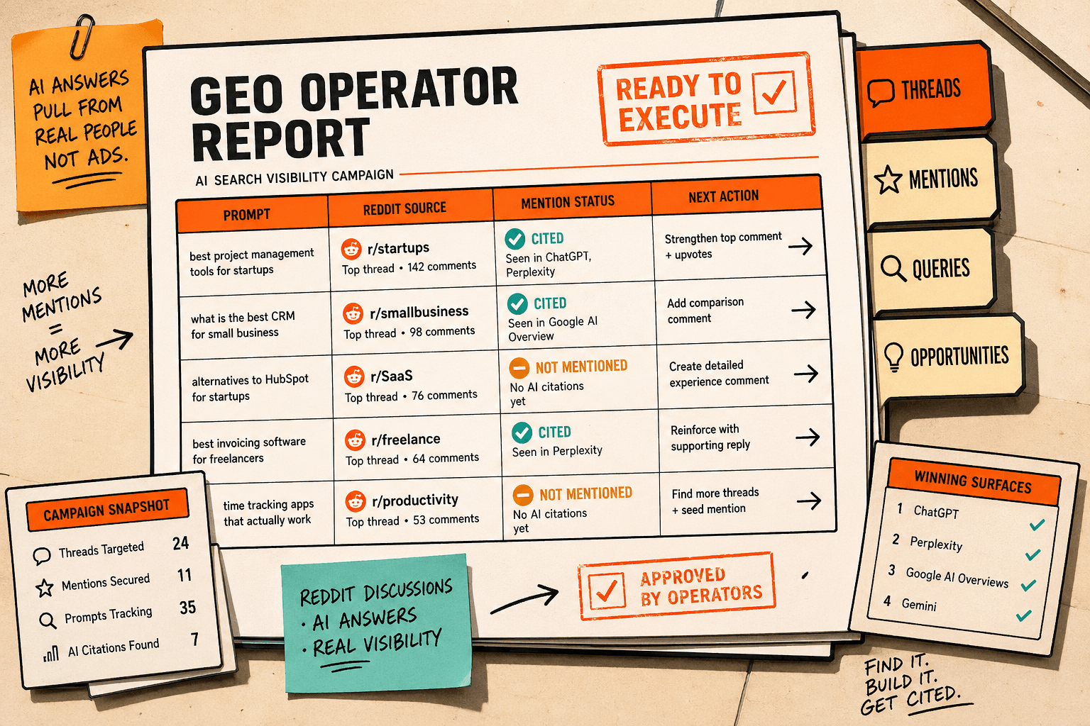 AI SEO operator report showing Reddit threads, brand mentions, prompts, and placement opportunities