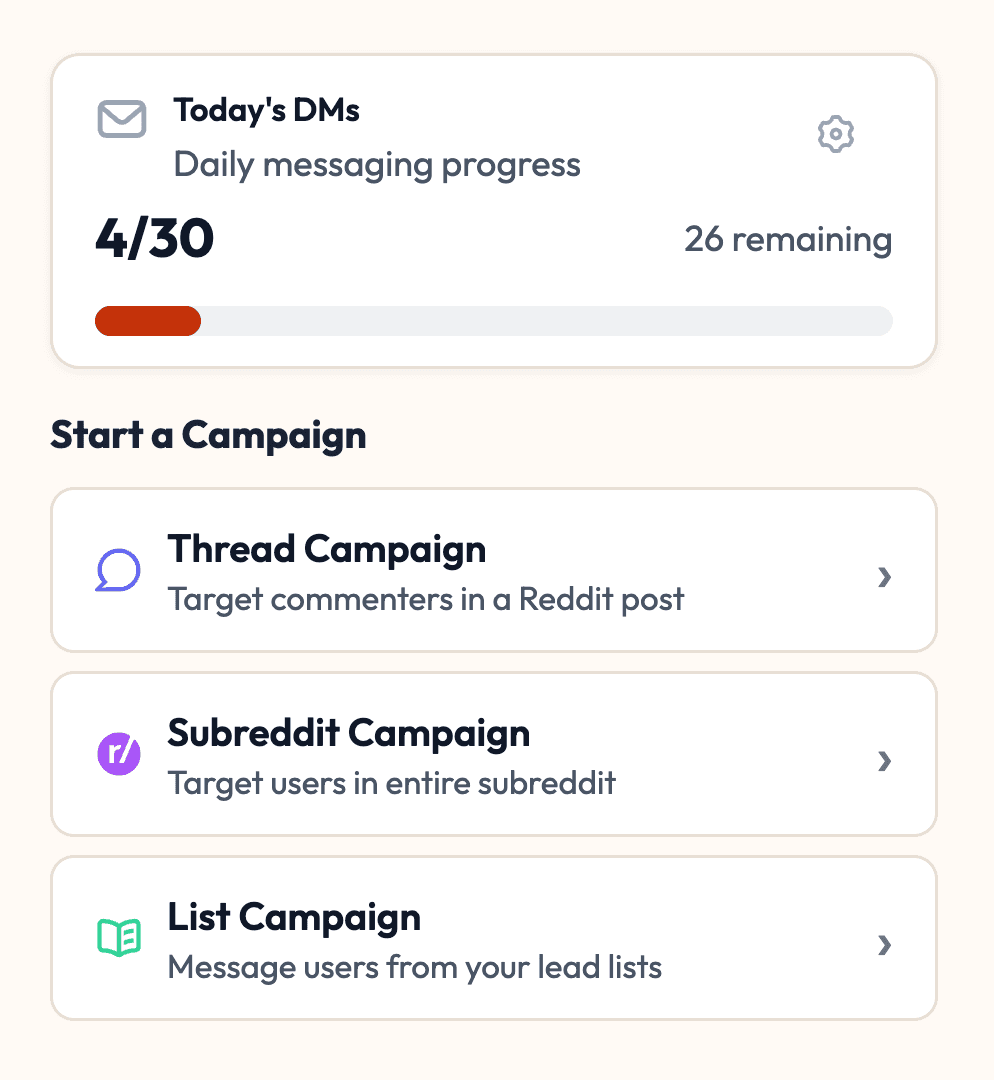 DM Companion Helper campaign selector showing daily DM progress and thread, subreddit, and list campaign options