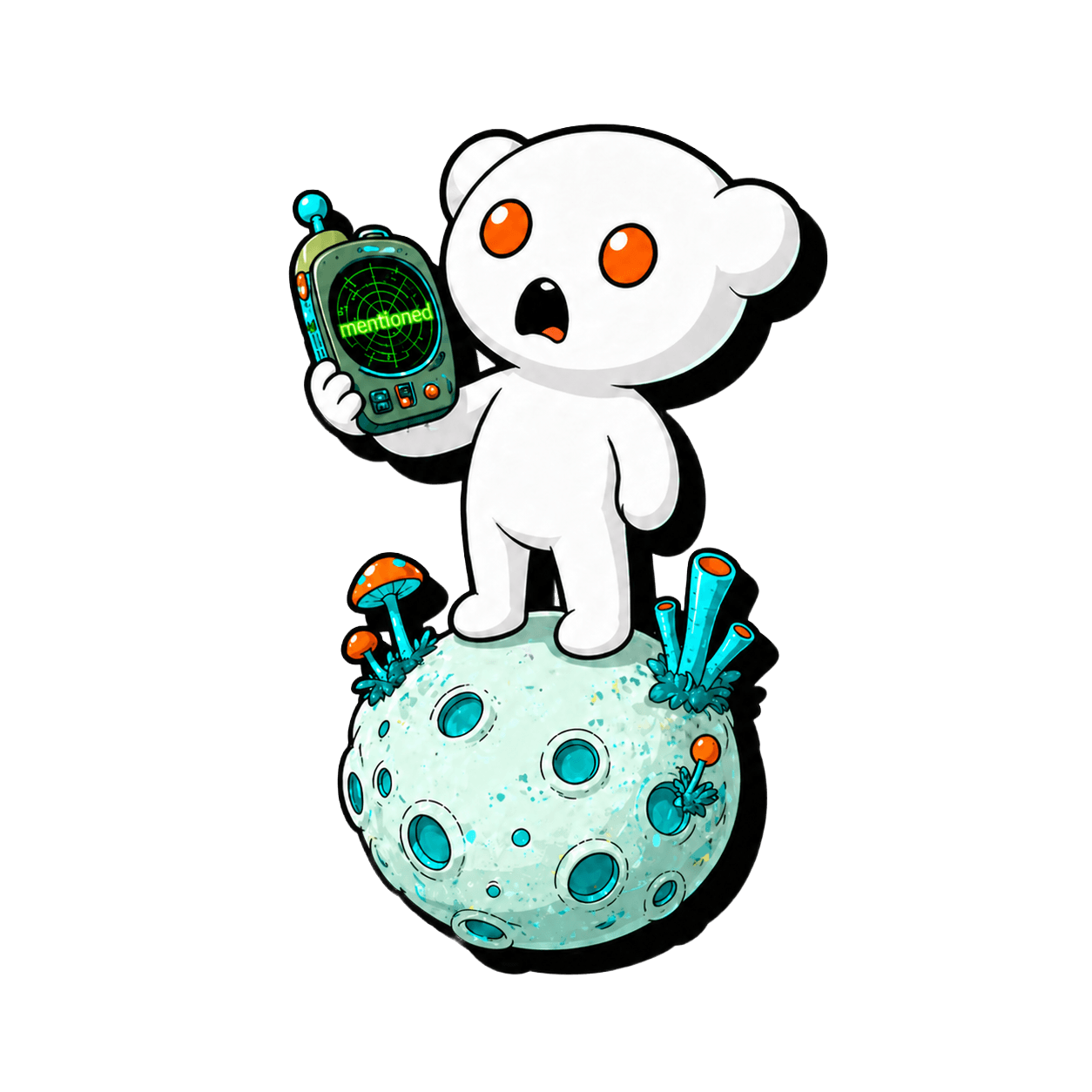 Reddit brand mentions hero illustration showing a Reddit mascot tracking mentions with a scanner