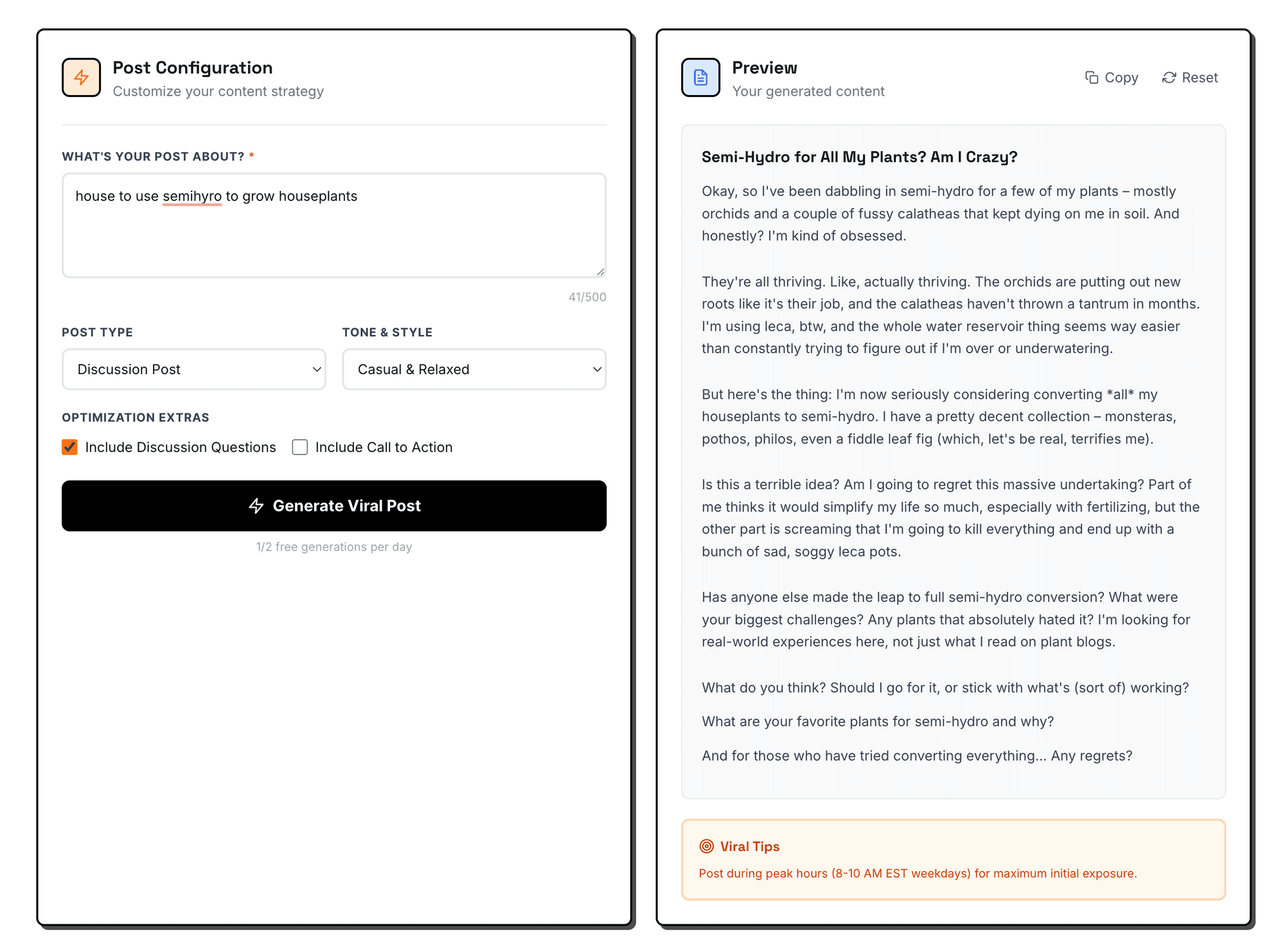 Reddit Post Generator in action — generating a casual discussion post with AI