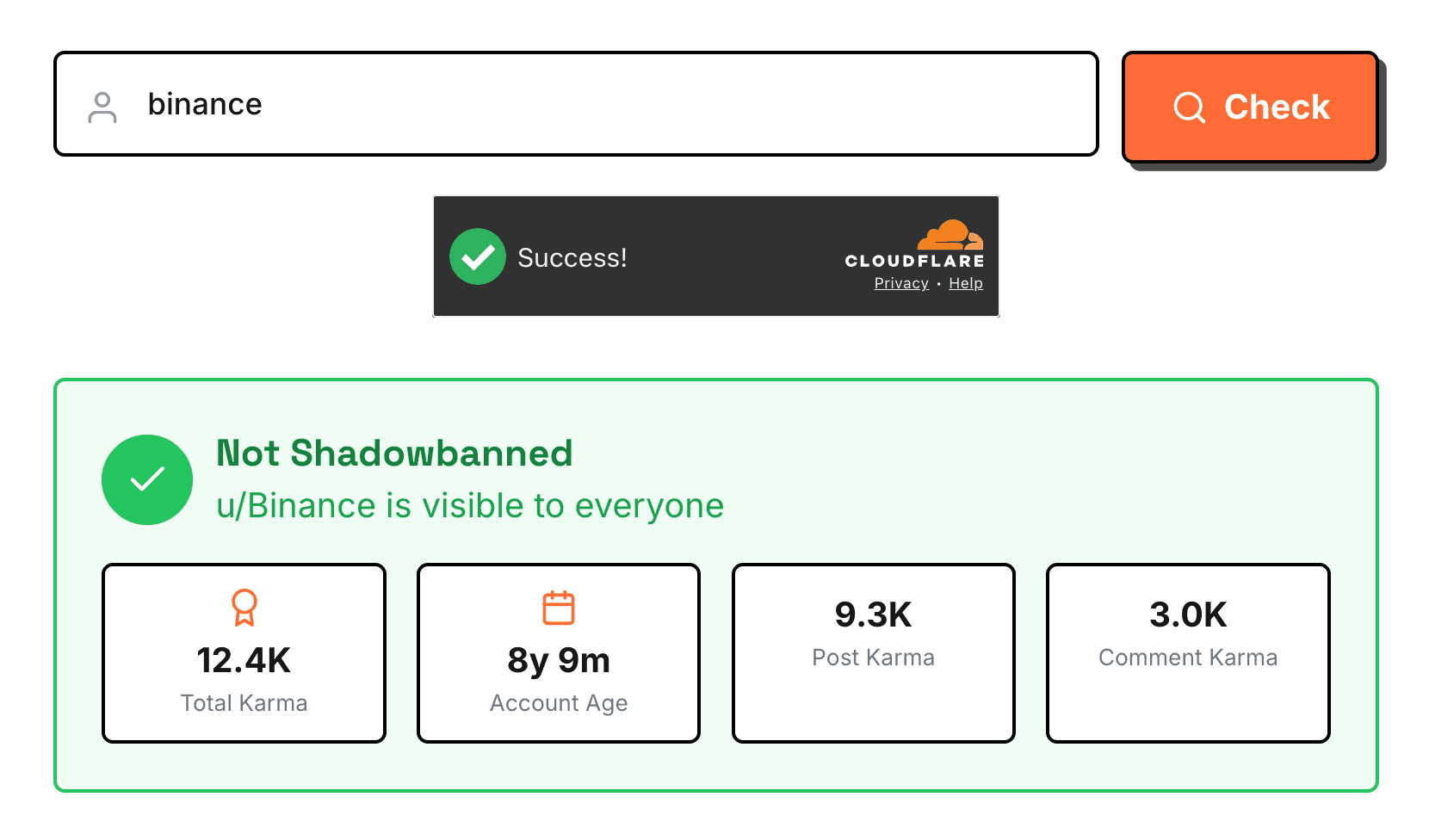 Reddit shadowban checker showing u/Binance account is not shadowbanned with 12.4K total karma, 8 year 9 month account age, 9.3K post karma, and 3.0K comment karma