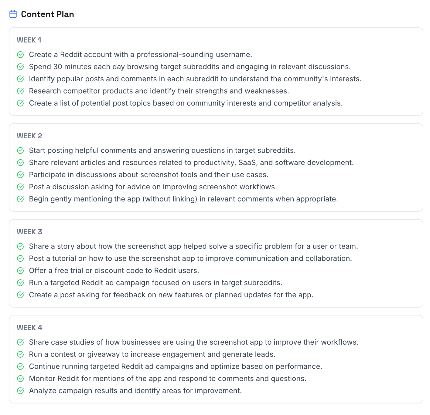 Week-by-week content plan with specific actionable tasks