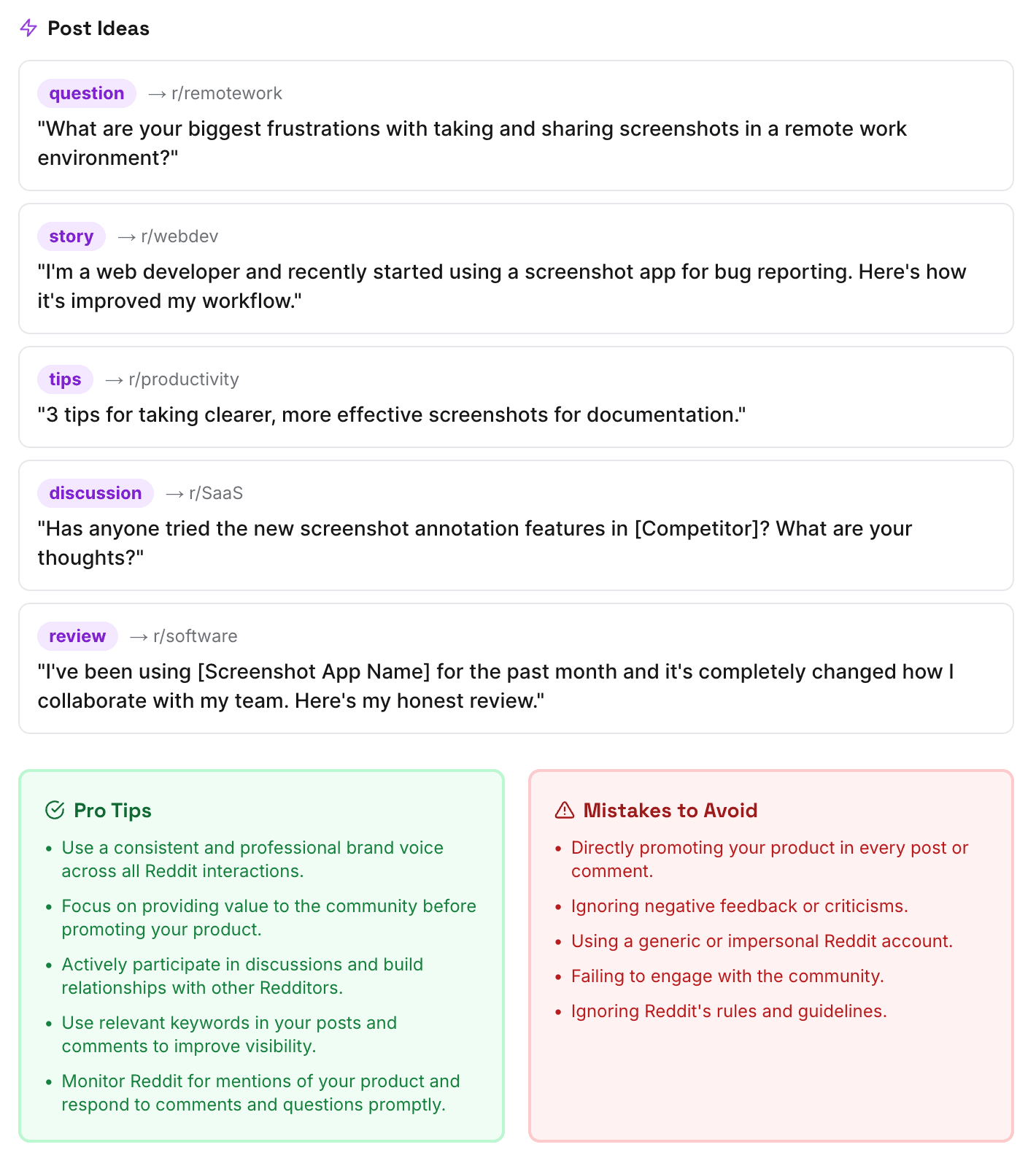 Post ideas with types and target subreddits, plus pro tips and mistakes to avoid