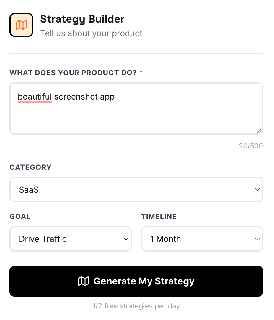 Strategy Builder — describe your product, pick category, goal, and timeline