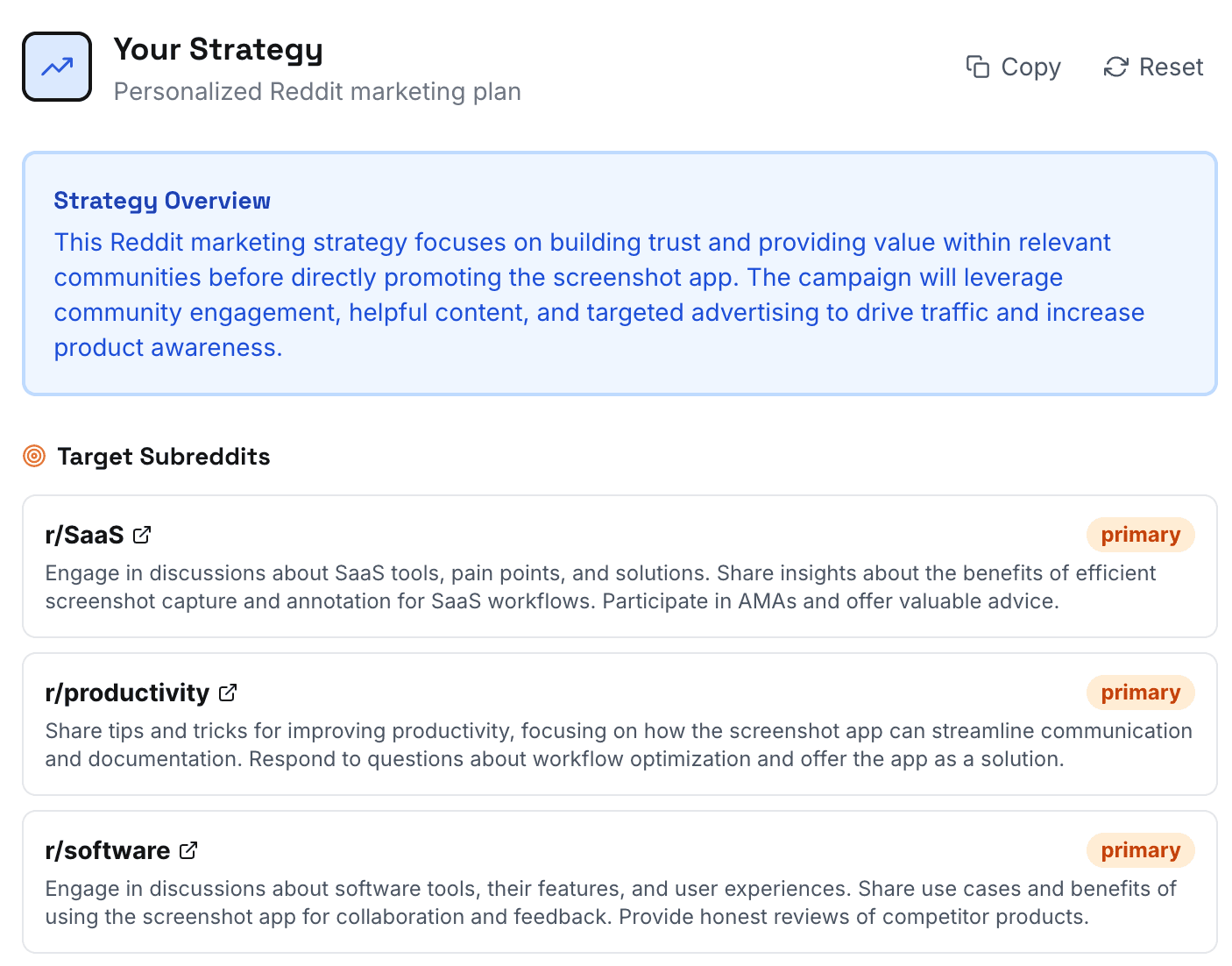 Generated strategy with overview, target subreddits, and approach strategies