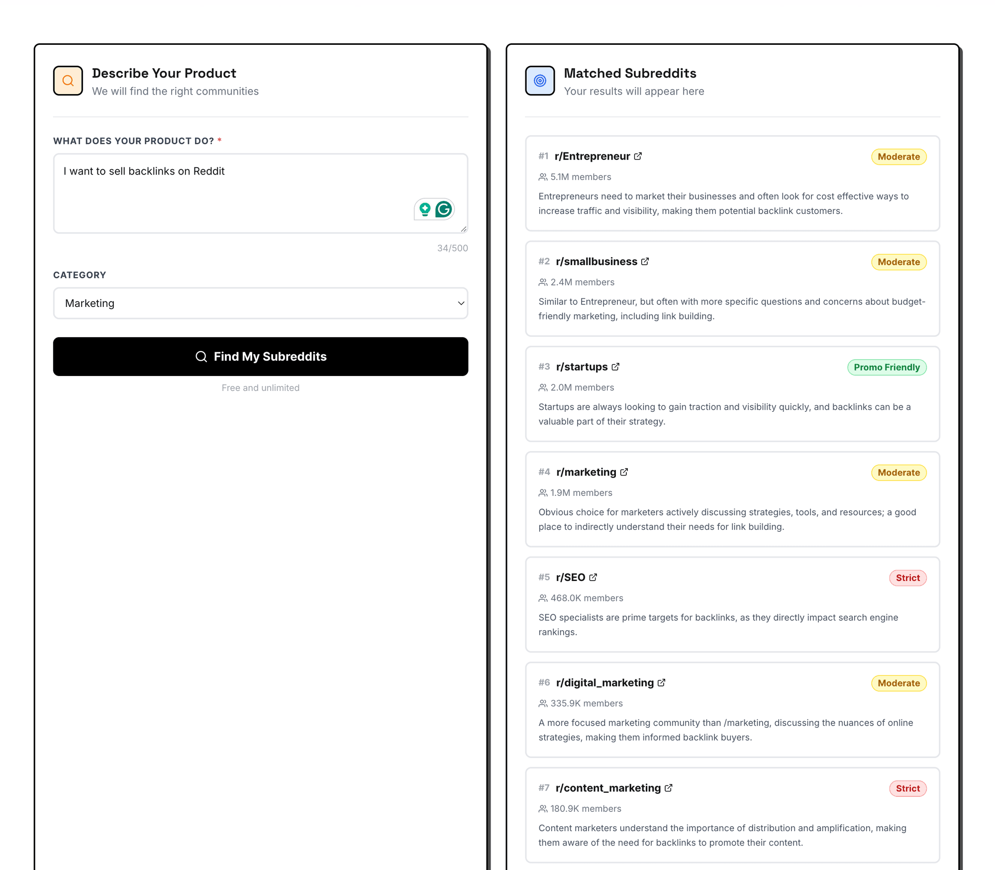 Subreddit Finder results showing matched communities with self-promo tolerance ratings