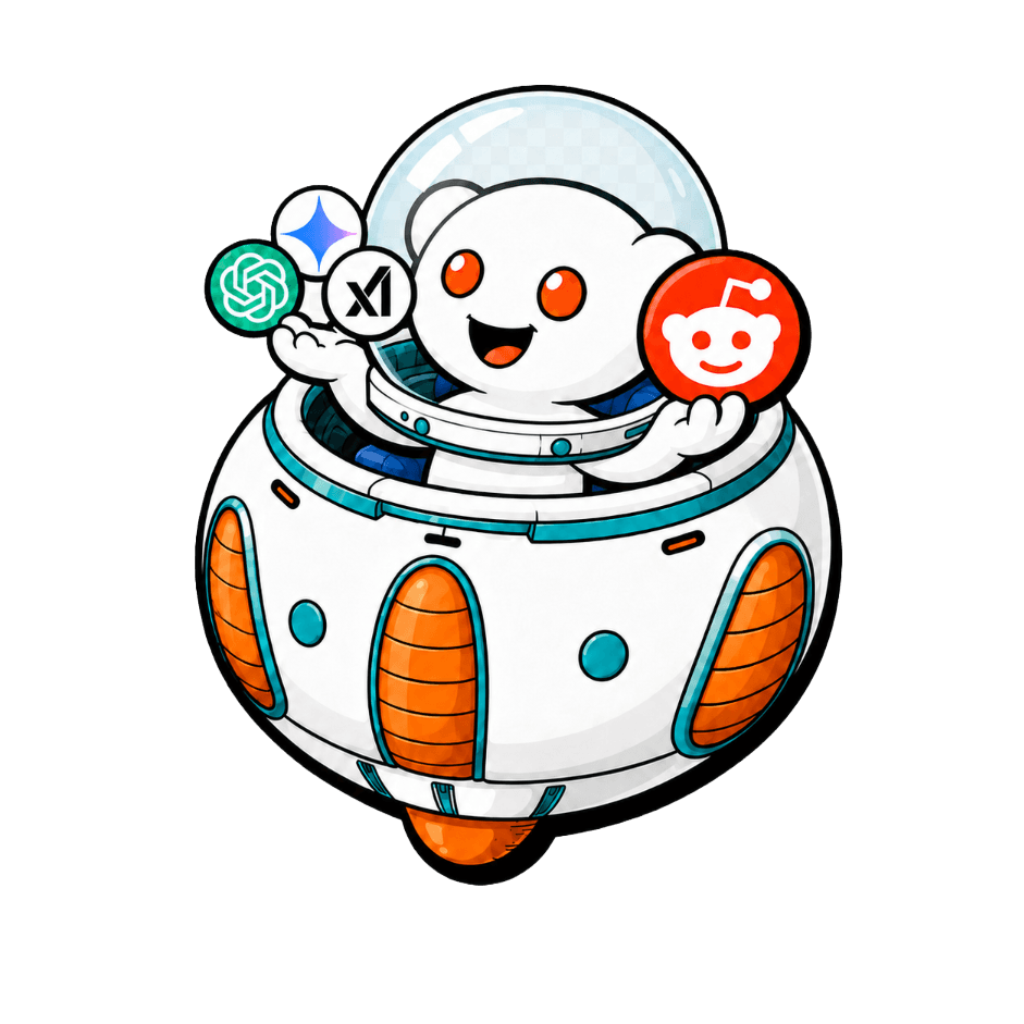 AI SEO hero illustration of an Upvote.net robot with Reddit and AI platform logos