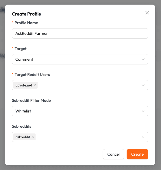 Create Profile form for Profile Auto Voter with profile name, target, Reddit users, whitelist mode, and subreddit fields