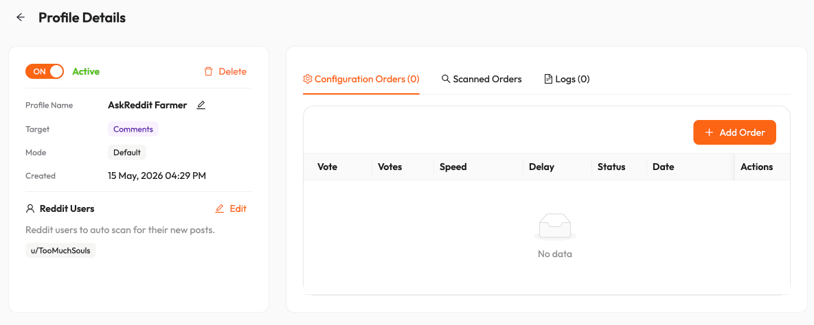 Profile Details page for a new Auto Voter profile before any configuration orders have been added