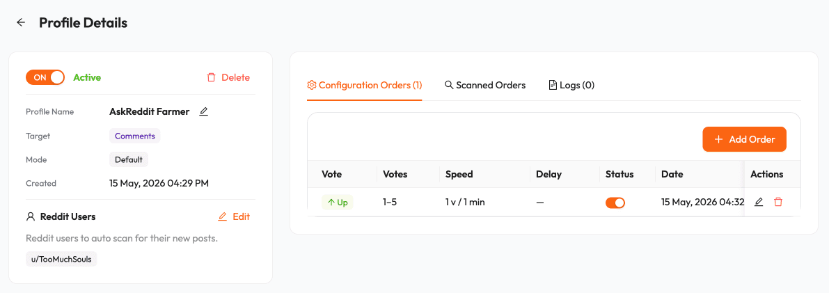 Profile Details page with Profile Auto Voter turned on and one active configuration order