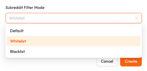 Subreddit Filter Mode dropdown showing Default, Whitelist, and Blacklist options