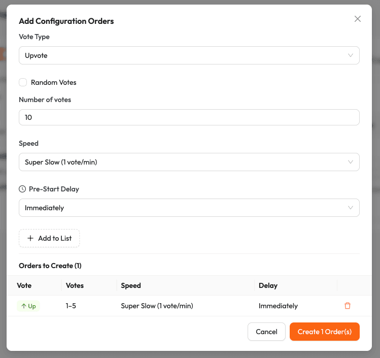 Add Configuration Orders modal with vote type, random votes, number of votes, speed, pre-start delay, and create order button