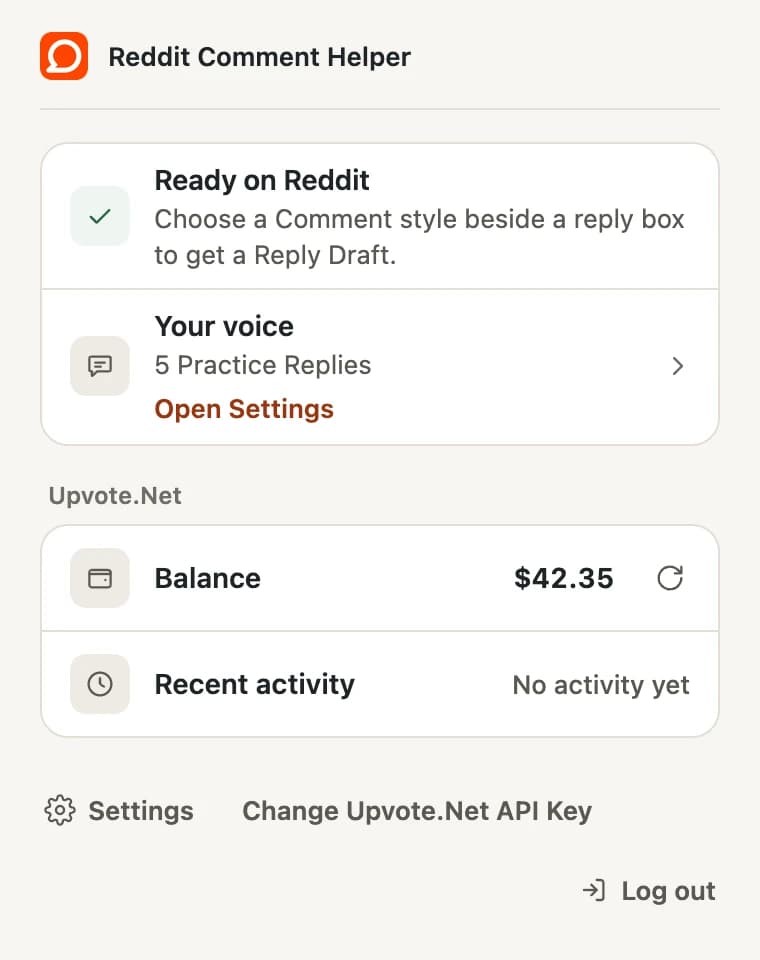 Reddit Comment Helper popup showing your Upvote.Net balance