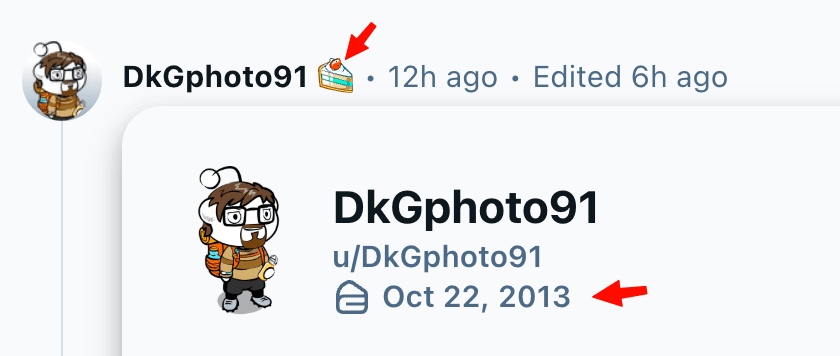Reddit profile card showing the cake day icon next to a username and the account's cake day, Oct 22, 2013