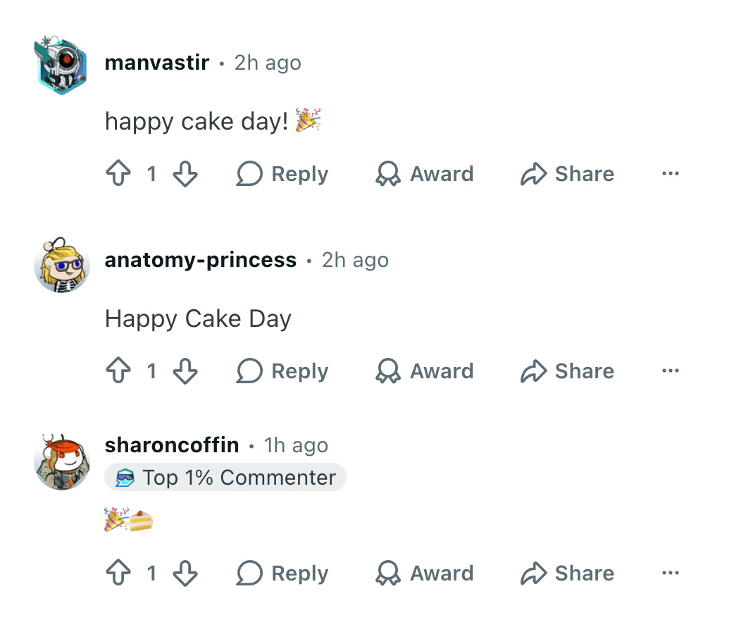 Three Reddit replies wishing a user happy cake day, one with a party popper and cake emoji