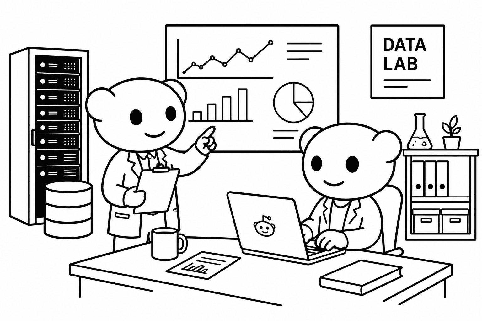 Reddit researchers reviewing charts and structured data in a data lab