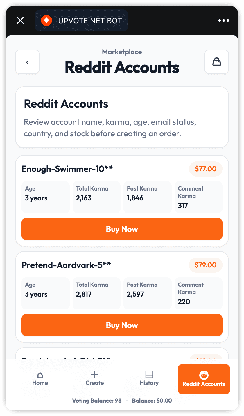 Telegram bot Reddit Accounts marketplace with account age, karma, and Buy Now buttons