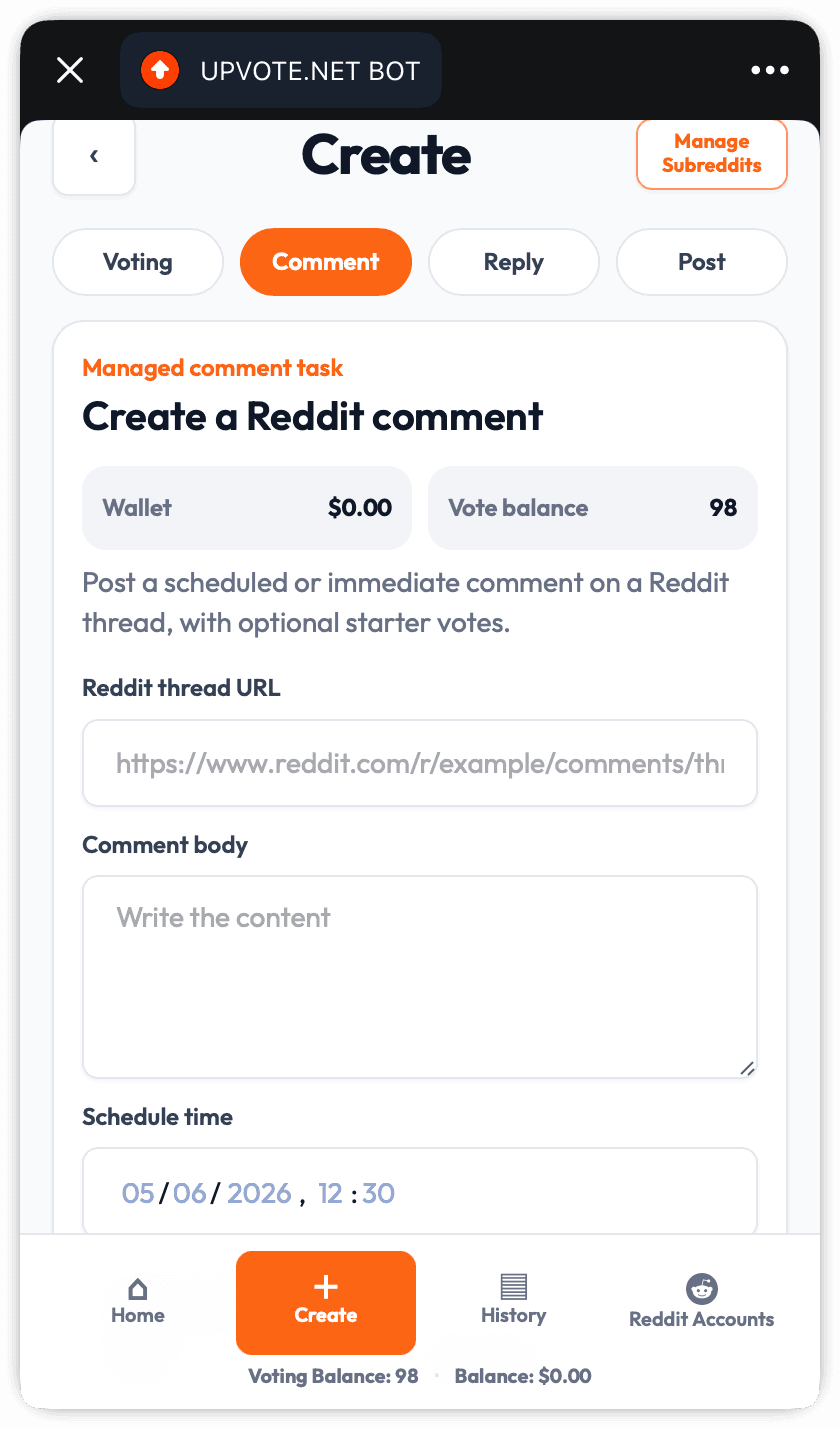 Telegram bot managed comment task form with Reddit thread URL, comment body, and schedule time