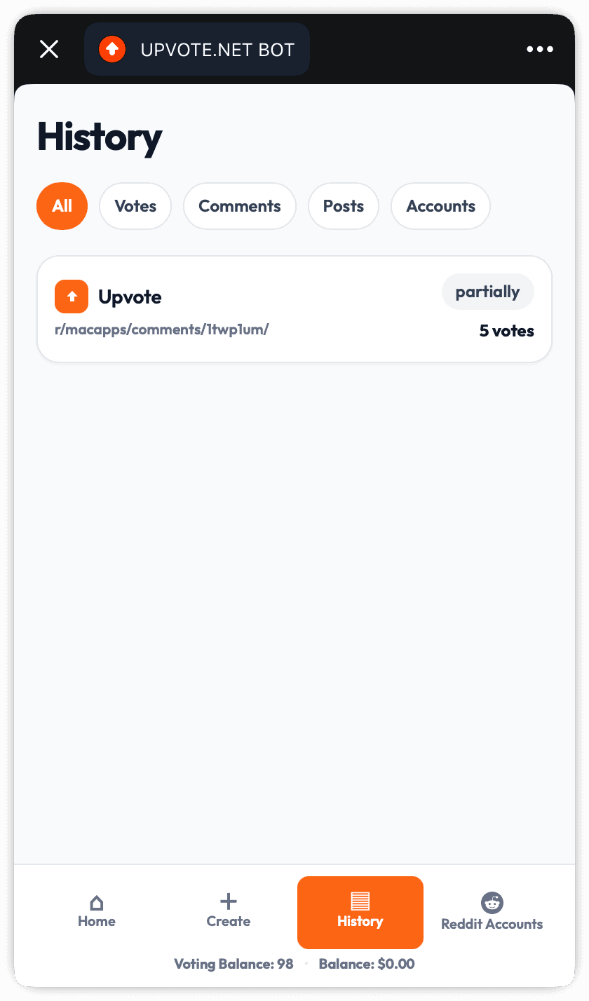 Telegram bot history screen with filters and an upvote order row