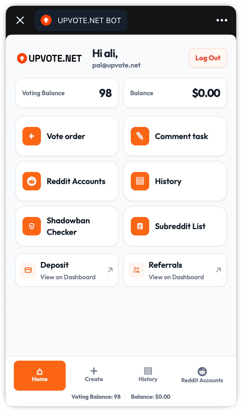 Upvote.Net Telegram bot home screen with voting balance, wallet balance, and order tools