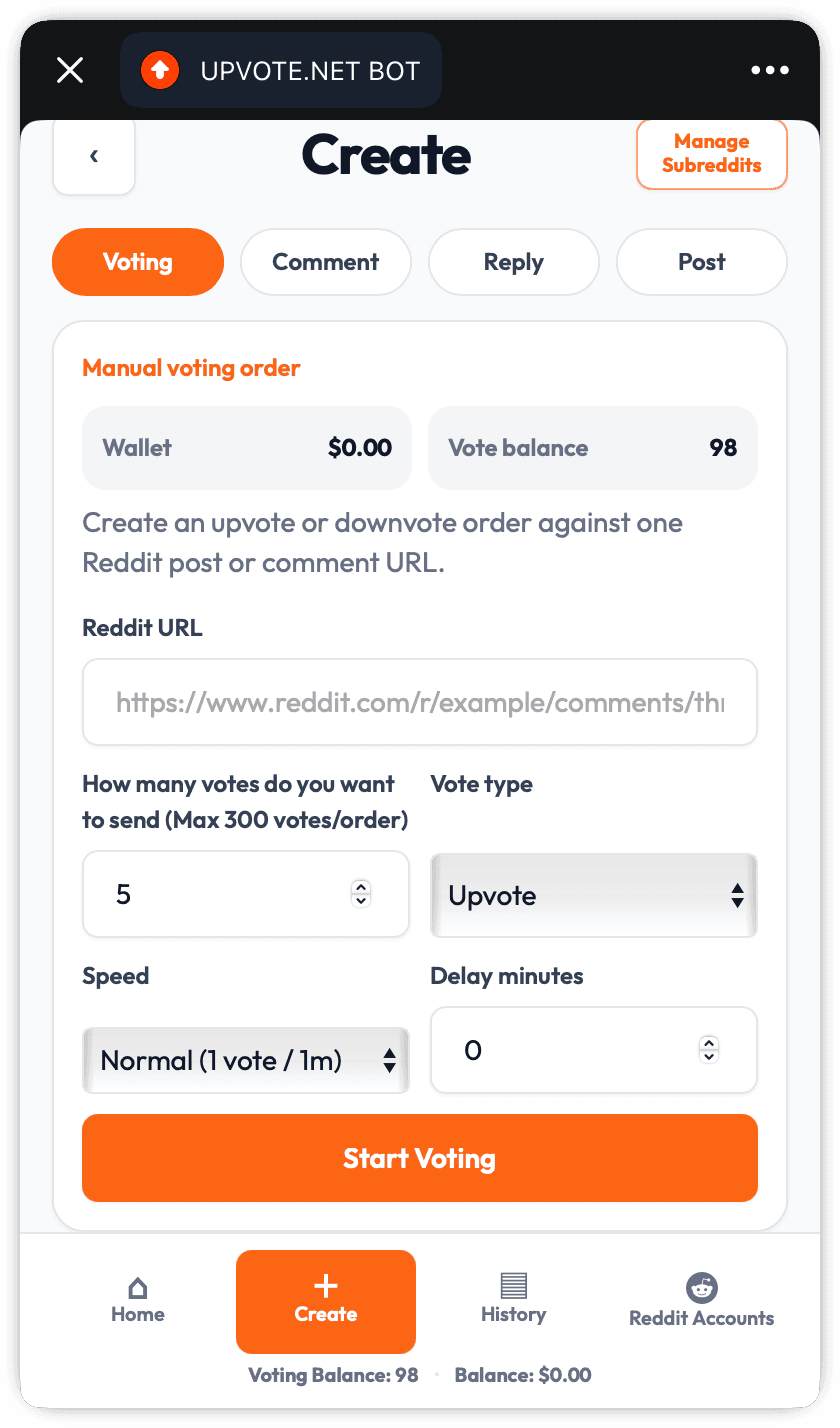 Telegram bot voting order form with Reddit URL, vote amount, vote type, speed, delay, and Start Voting button