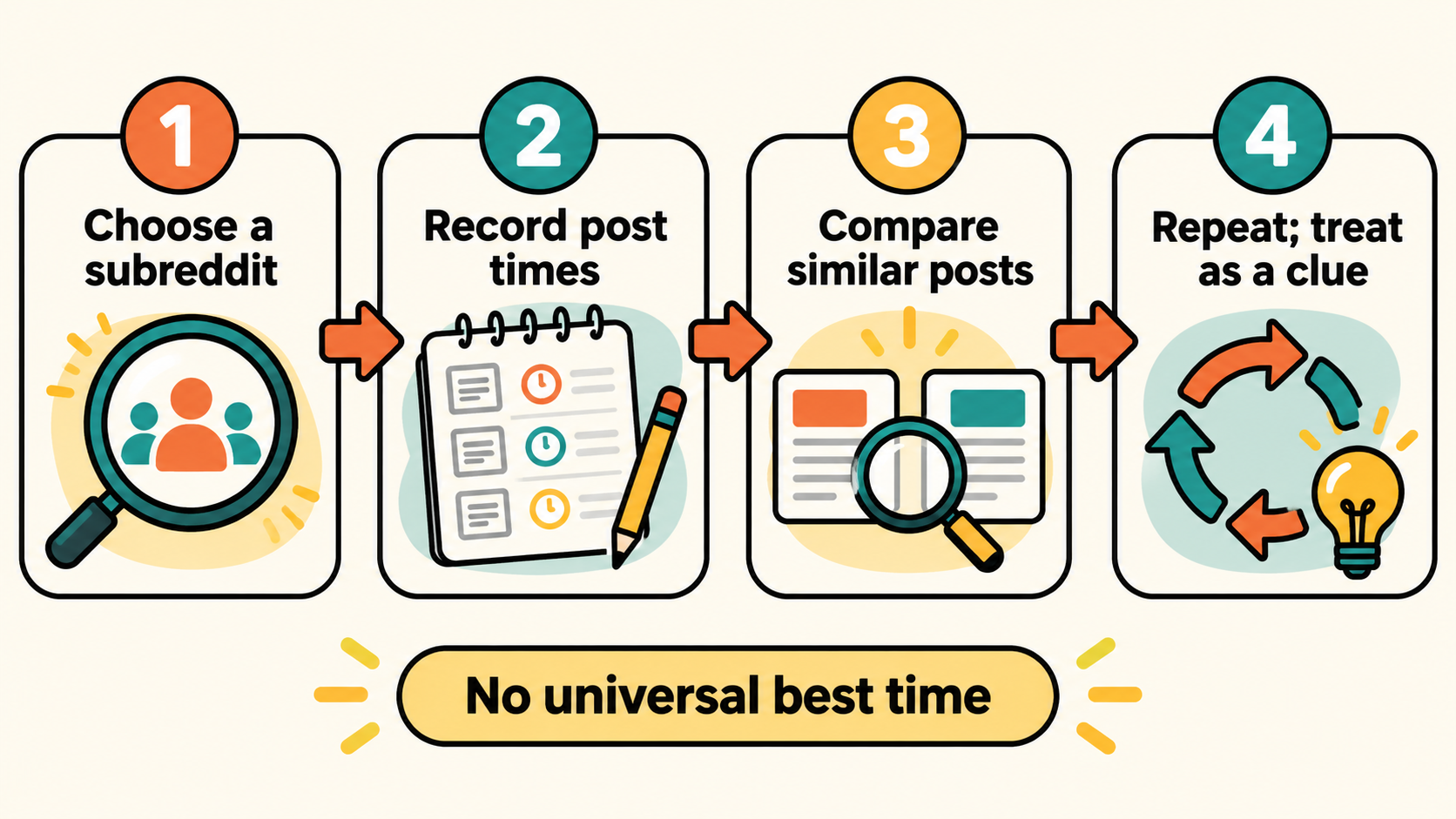 Infographic showing a four-step way to test Reddit posting times within one subreddit without claiming a universal winning hour.