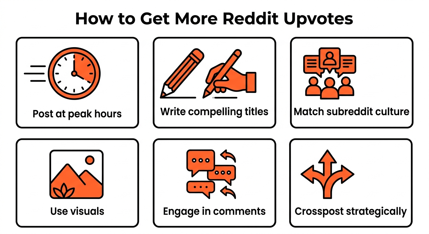 How to get more Reddit upvotes — 6 tips including posting at peak hours, writing compelling titles, matching subreddit culture, using visuals, engaging in comments, and crossposting strategically