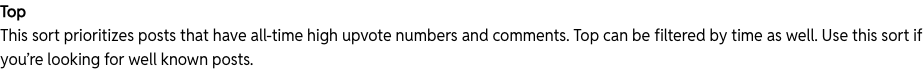 Excerpt from Reddit Help describing how its Top sort prioritizes posts