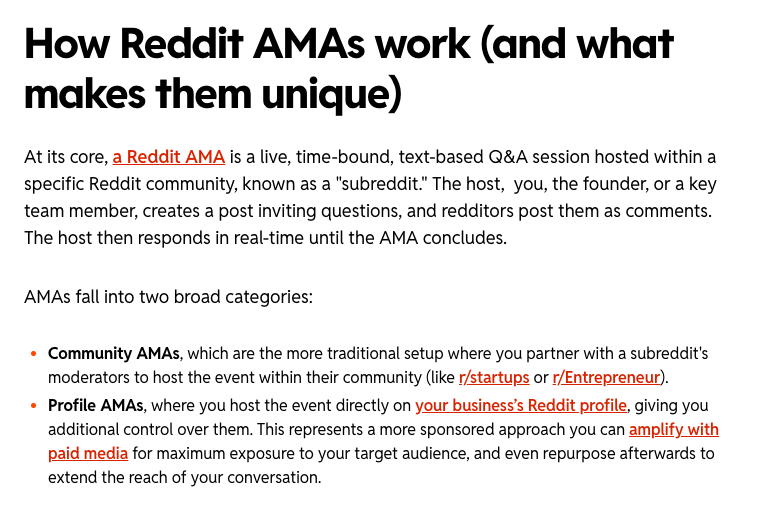 Reddit Business guide showing community and Profile AMA format choices