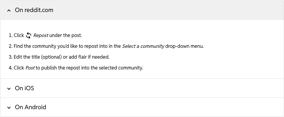 Official Reddit Help screenshot showing desktop Repost steps and mobile tabs