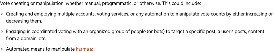 Reddit Help excerpt explaining that vote cheating and manipulation disrupt communities