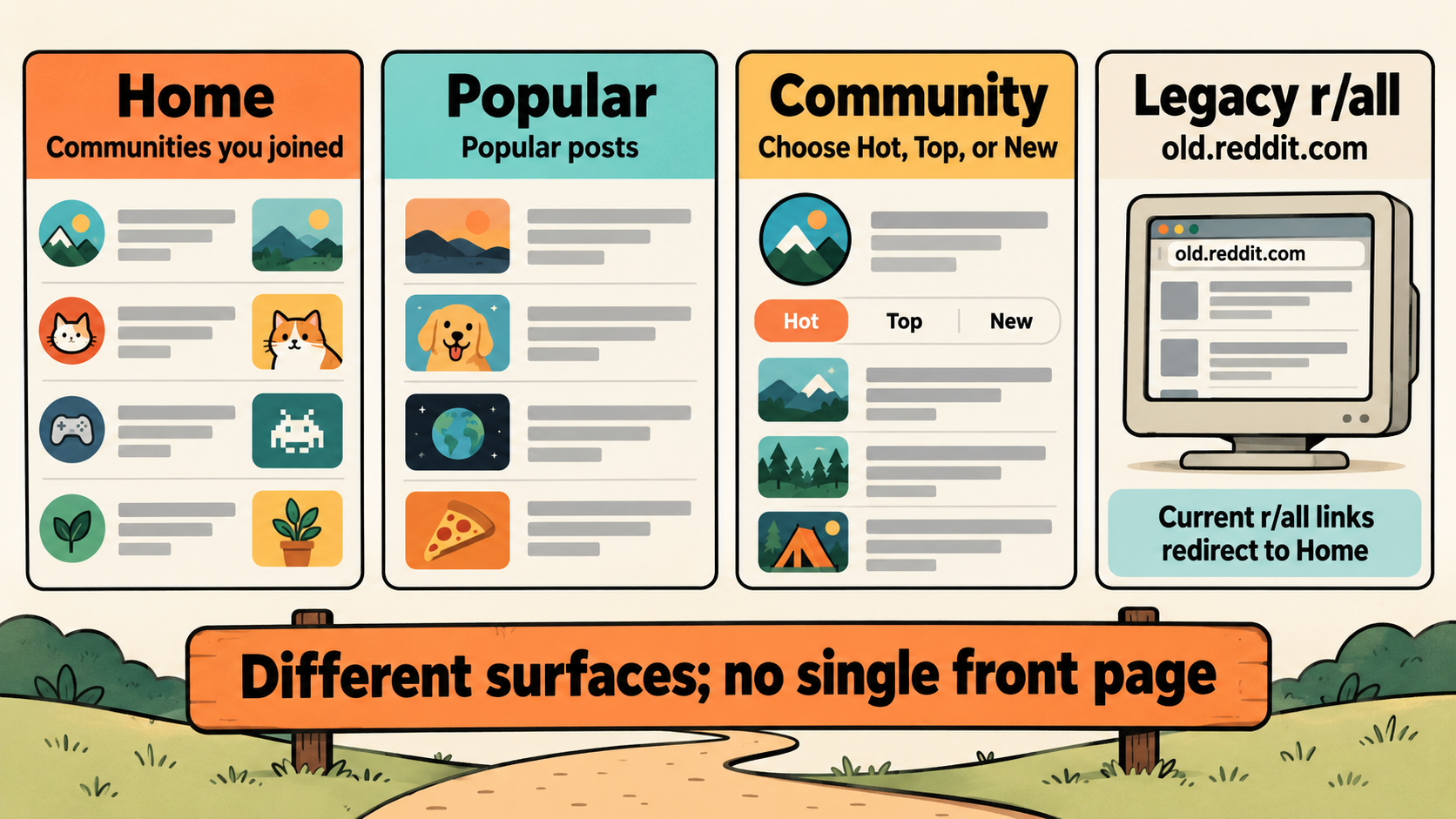 Infographic distinguishing Home, Popular, community sorts, and legacy r/all, with Reddit’s April 2026 redirect note.
