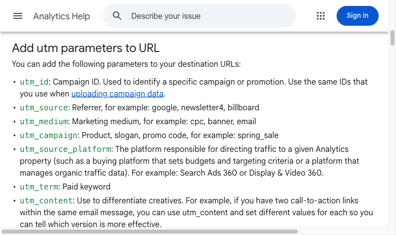 Analytics Help page listing UTM source, medium, campaign, and content fields for tagged links