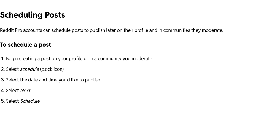 Reddit Pro scheduling instructions show the Schedule icon and explain profile and moderated-community scheduling.
