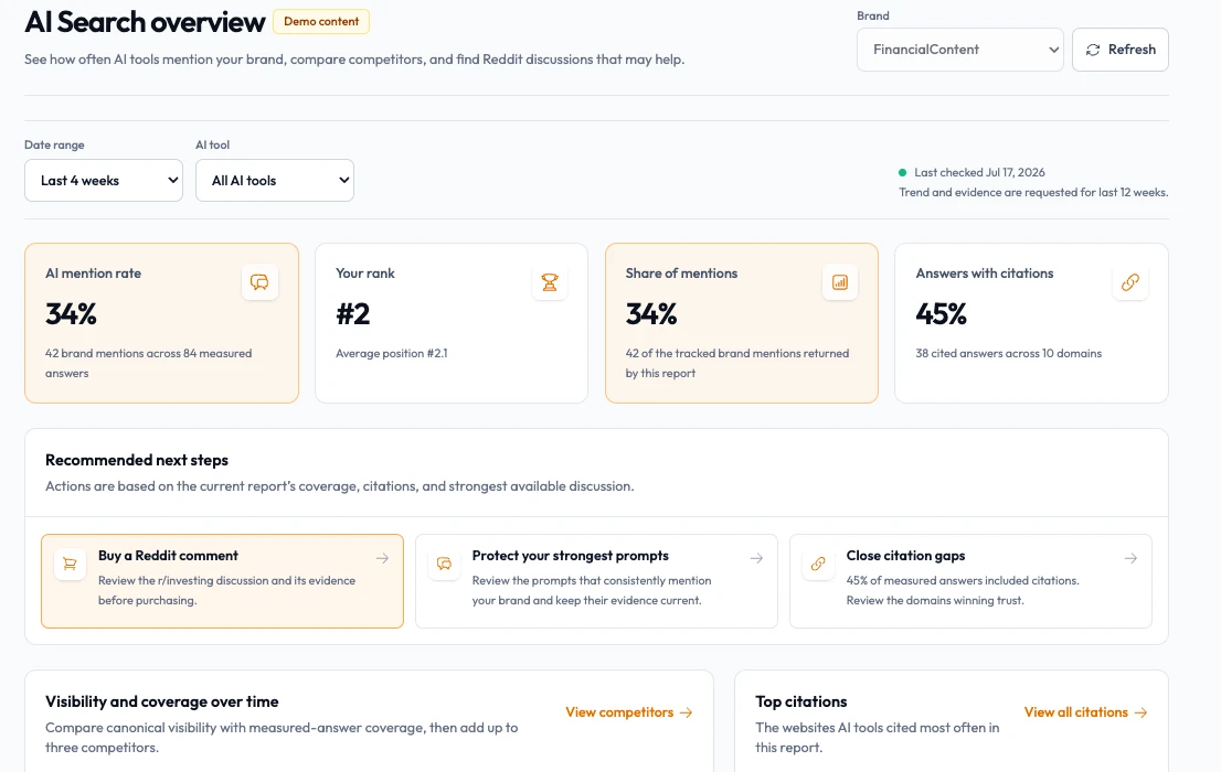 AI Search demo screenshot: overview cards and next-step guidance
