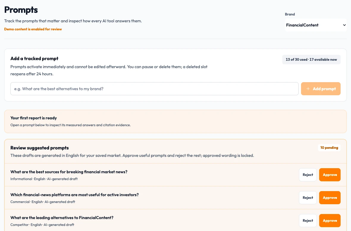AI Search demo screenshot: prompt entry and suggested prompts for approval