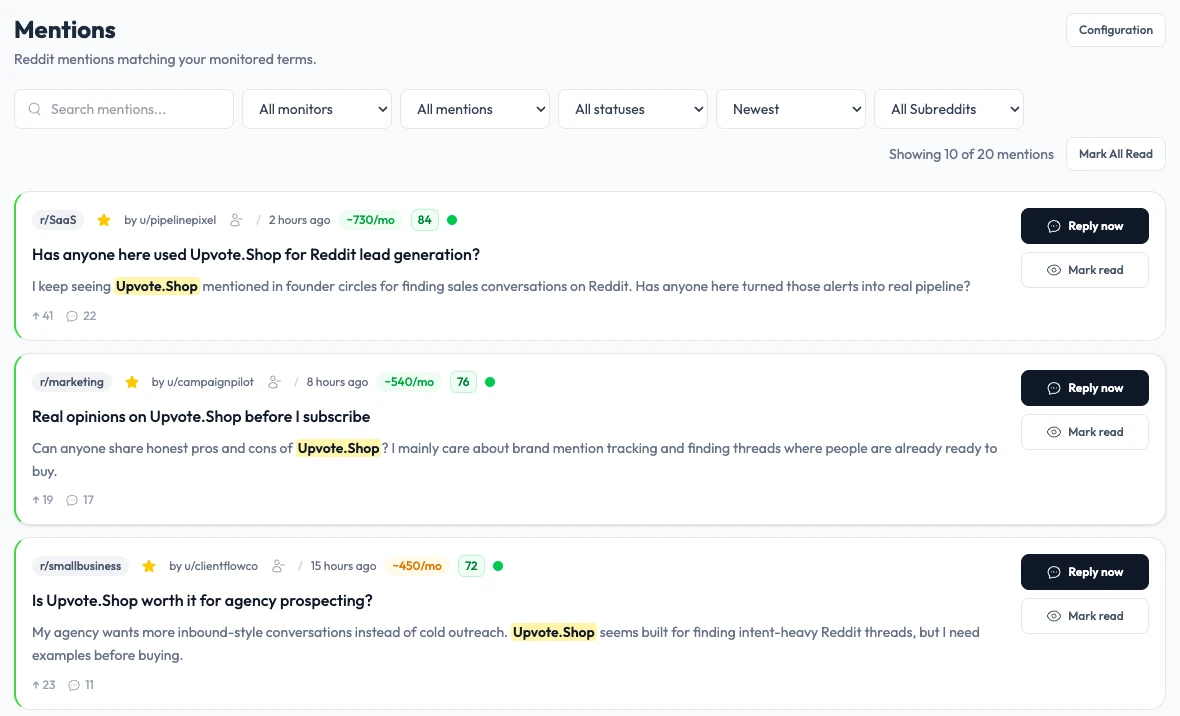 Upvote.Net Lead Finder screenshot of the Mentions inbox with monitoring, status, and reply controls in demo UI