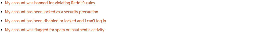 Reddit Help account-status topics for bans, security locks, login problems, and spam flags