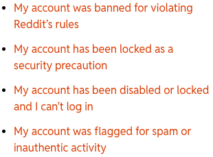 Mobile screenshot of Reddit Help’s account-status categories for bans, security locks, login issues, and spam flags.