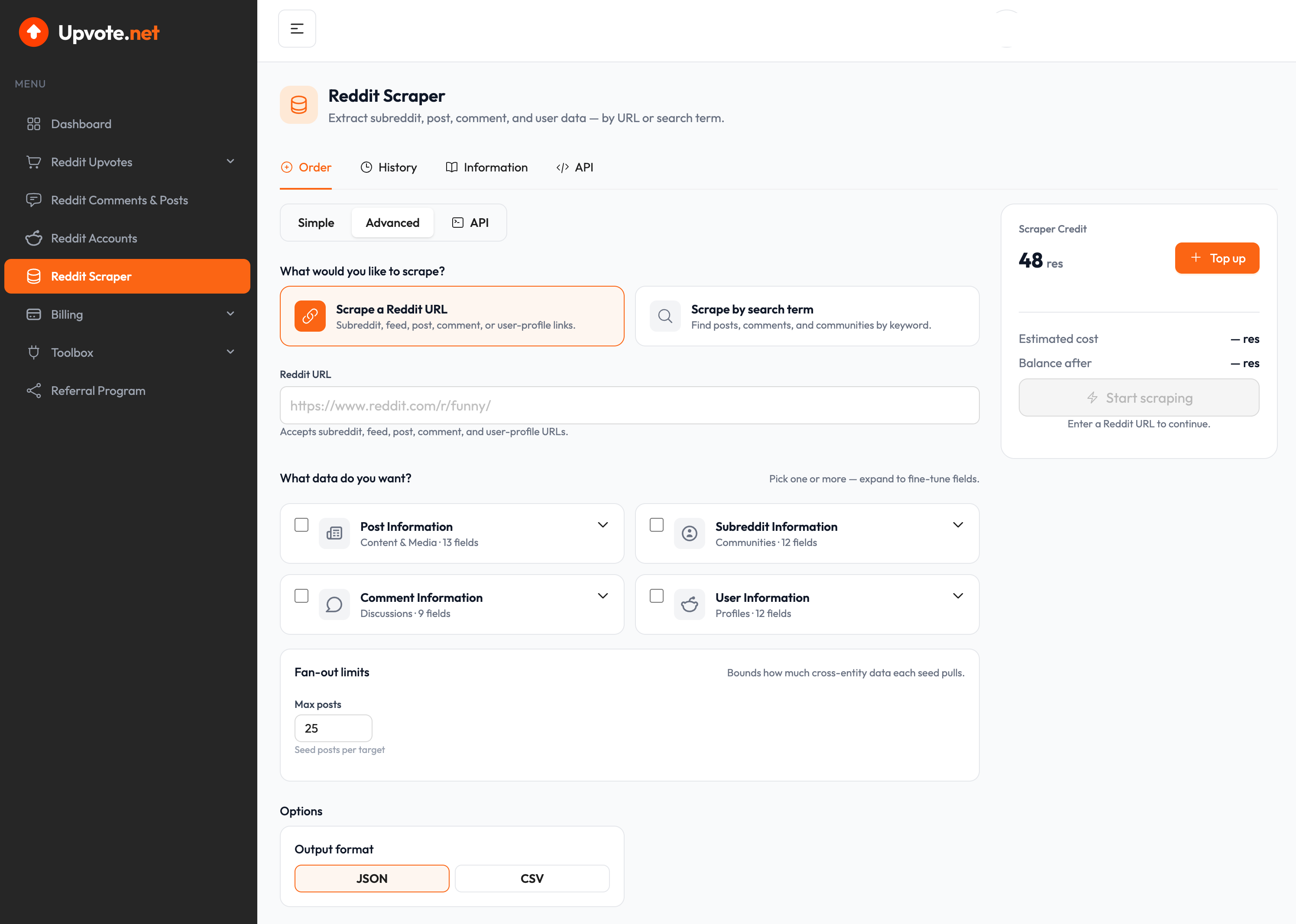 Upvote.net Reddit Scraper Advanced view showing URL and search modes, entity fields, fan-out limits, and JSON or CSV output