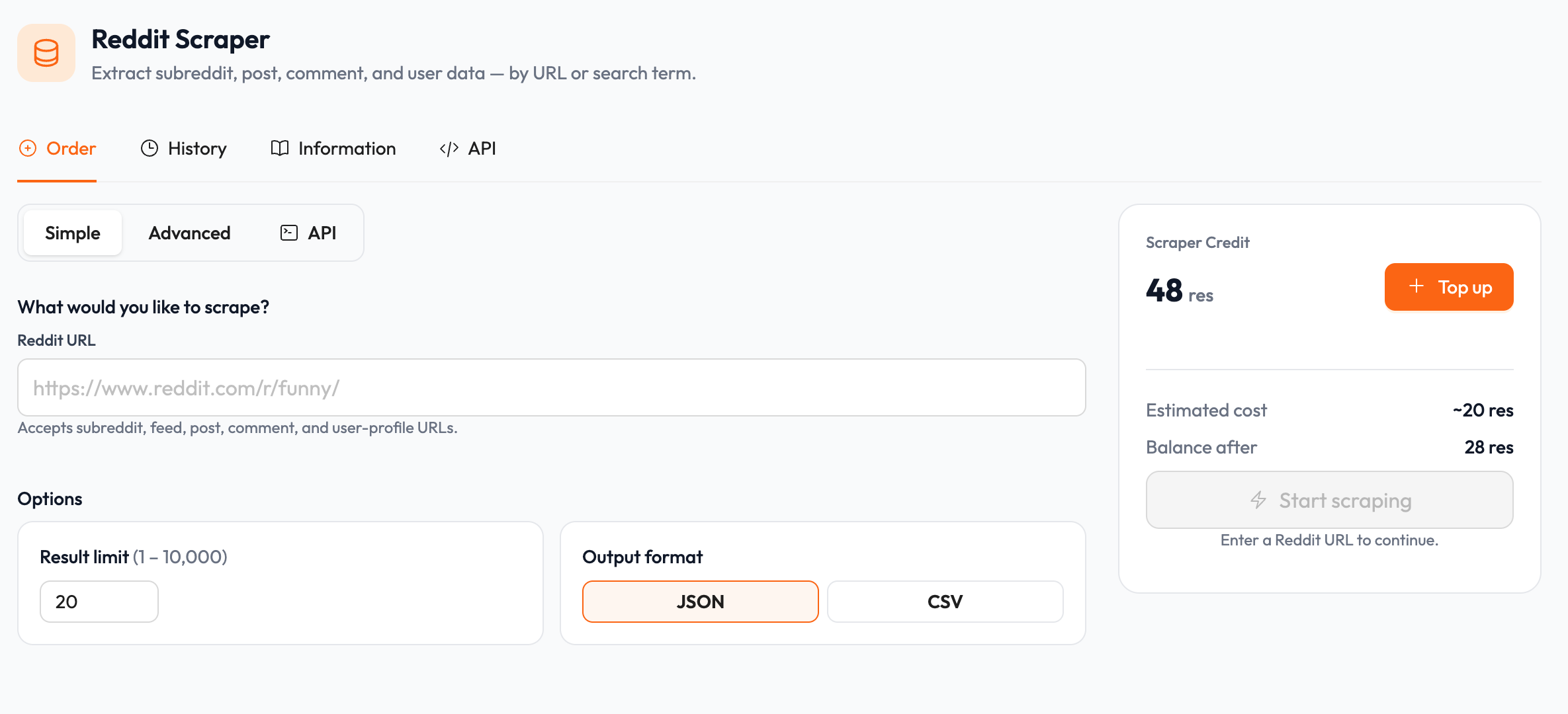 Upvote.net Reddit Scraper Simple view showing a Reddit URL target, result limit, Scraper Credit estimate, and JSON or CSV output