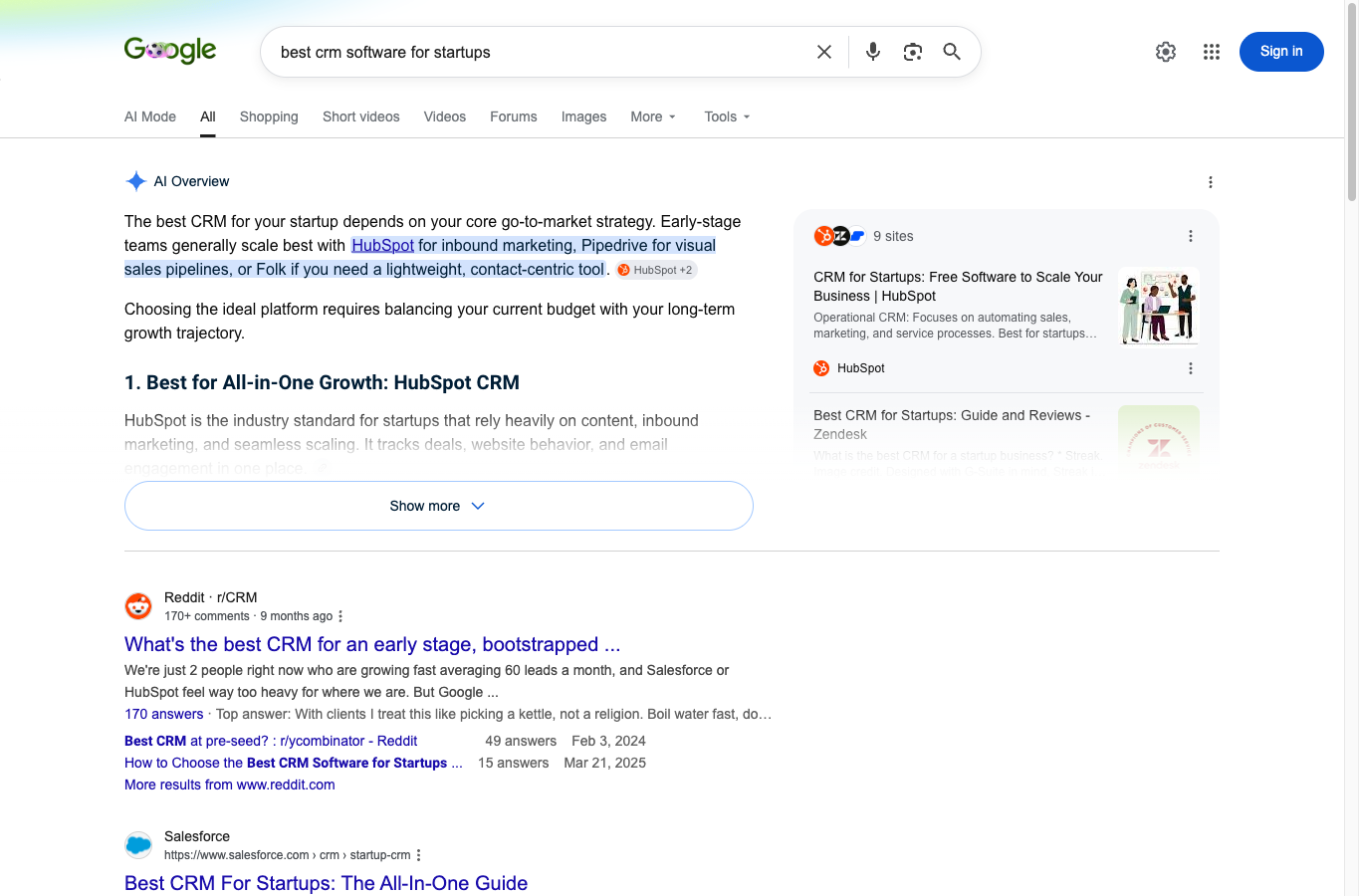 Google search results showing a Reddit discussion alongside conventional CRM sources